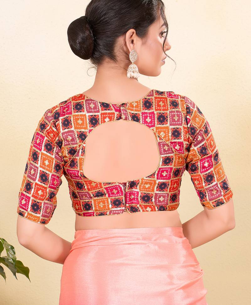 Women's jain silk padded back open elbow sleeves saree blouse