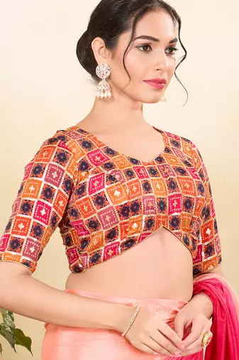 Women's jain silk padded back open elbow sleeves saree blouse
