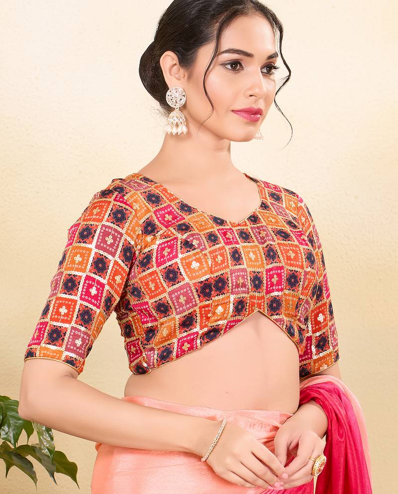 Women's jain silk padded back open elbow sleeves saree blouse