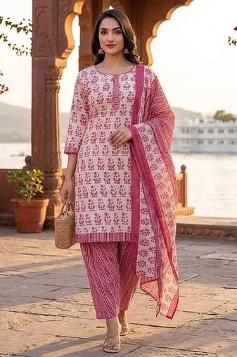 Pink printed cotton blend stitched floral print salwar kurta dupatta for women