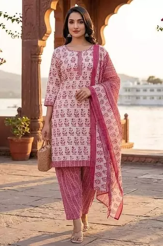 Pink printed cotton blend stitched floral print salwar kurta dupatta for women