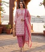 Pink printed cotton blend stitched floral print salwar kurta dupatta for women