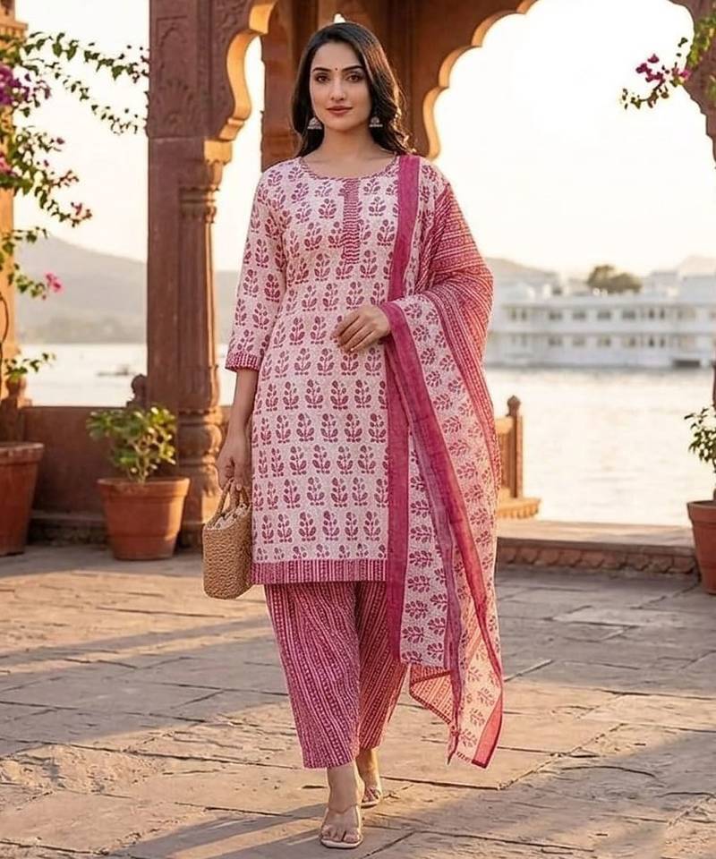 Pink printed cotton blend stitched floral print salwar kurta dupatta for women