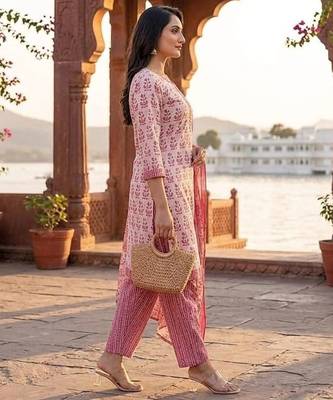 Pink printed cotton blend stitched floral print salwar kurta dupatta for women 2