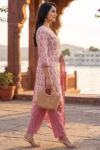 Pink printed cotton blend stitched floral print salwar kurta dupatta for women