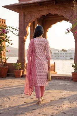 Pink printed cotton blend stitched floral print salwar kurta dupatta for women 3