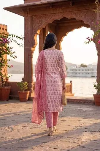 Pink printed cotton blend stitched floral print salwar kurta dupatta for women