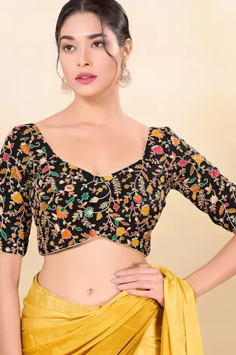 Women's jain silk padded back open elbow sleeves saree blouse
