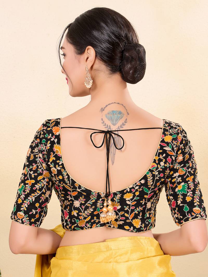 Women's jain silk padded back open elbow sleeves saree blouse