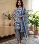 Blue printed cotton blend stitched floral print salwar kurta dupatta for women