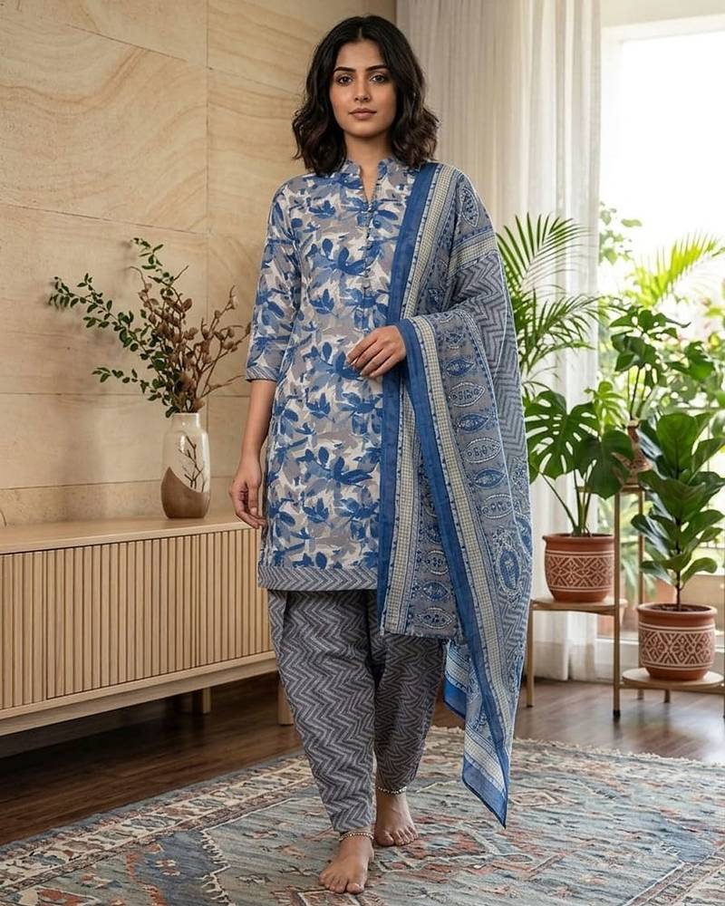 Blue printed cotton blend stitched floral print salwar kurta dupatta for women