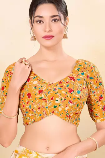 Women's jain silk padded back open elbow sleeves saree blouse