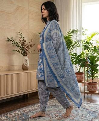 Blue printed cotton blend stitched floral print salwar kurta dupatta for women 2