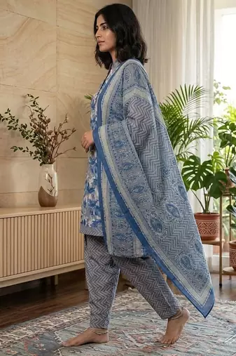 Blue printed cotton blend stitched floral print salwar kurta dupatta for women