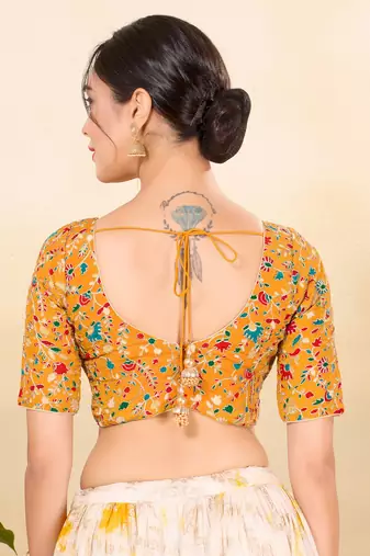 Women's jain silk padded back open elbow sleeves saree blouse
