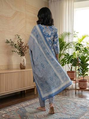 Blue printed cotton blend stitched floral print salwar kurta dupatta for women 3