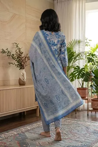 Blue printed cotton blend stitched floral print salwar kurta dupatta for women