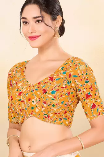 Women's jain silk padded back open elbow sleeves saree blouse