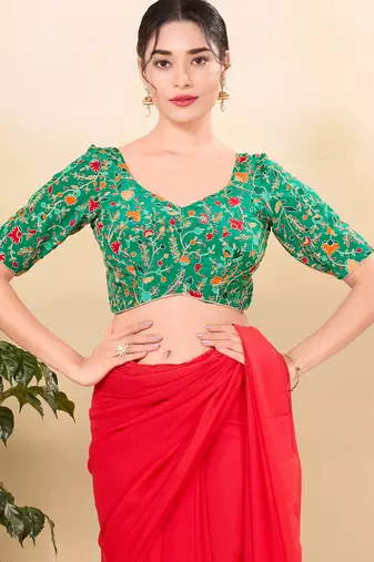Women's jain silk padded back open elbow sleeves saree blouse