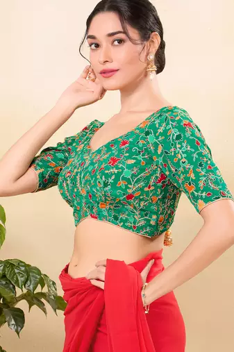 Women's jain silk padded back open elbow sleeves saree blouse