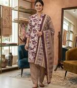 Purple printed cotton blend stitched floral print salwar kurta dupatta for women