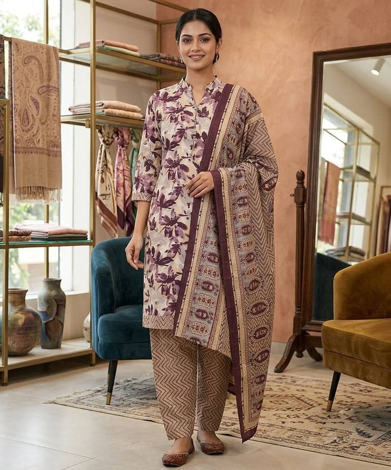 Purple printed cotton blend stitched floral print salwar kurta dupatta for women