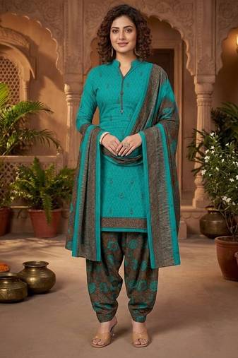 Teal printed cotton blend stitched floral print salwar kurta dupatta for women