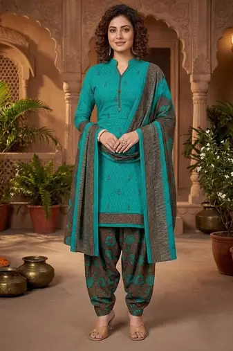 Teal printed cotton blend stitched floral print salwar kurta dupatta for women
