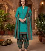 Teal printed cotton blend stitched floral print salwar kurta dupatta for women