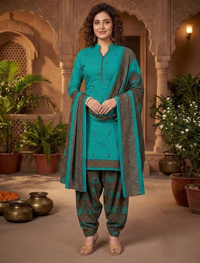 Teal printed cotton blend stitched floral print salwar kurta dupatta for women