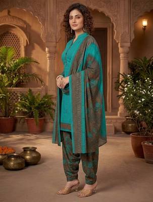 Teal printed cotton blend stitched floral print salwar kurta dupatta for women 2