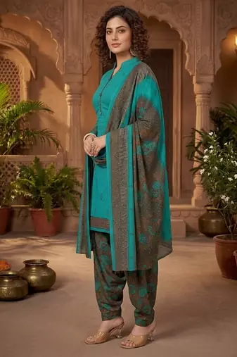 Teal printed cotton blend stitched floral print salwar kurta dupatta for women