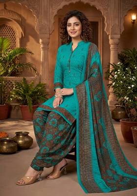 Teal printed cotton blend stitched floral print salwar kurta dupatta for women 3