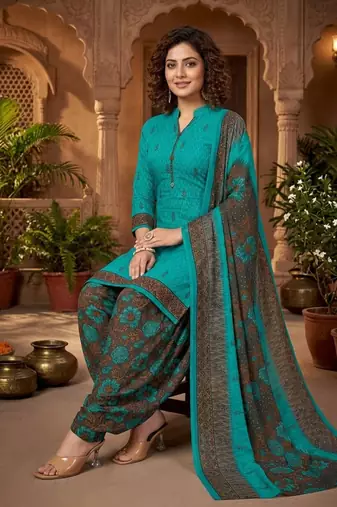 Teal printed cotton blend stitched floral print salwar kurta dupatta for women