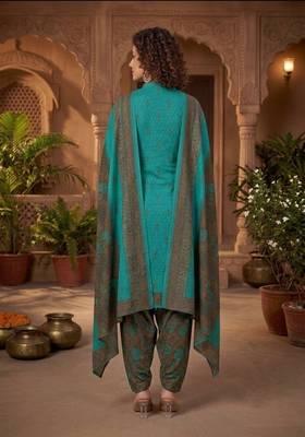 Teal printed cotton blend stitched floral print salwar kurta dupatta for women 4