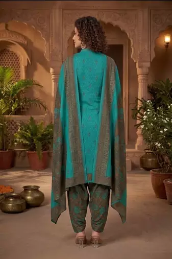 Teal printed cotton blend stitched floral print salwar kurta dupatta for women