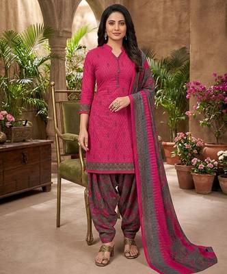 Pink printed cotton blend stitched floral print salwar kurta dupatta for women 1