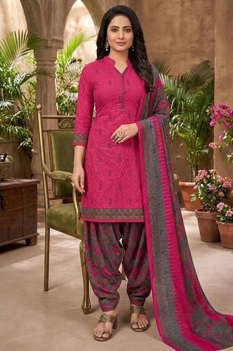 Pink printed cotton blend stitched floral print salwar kurta dupatta for women