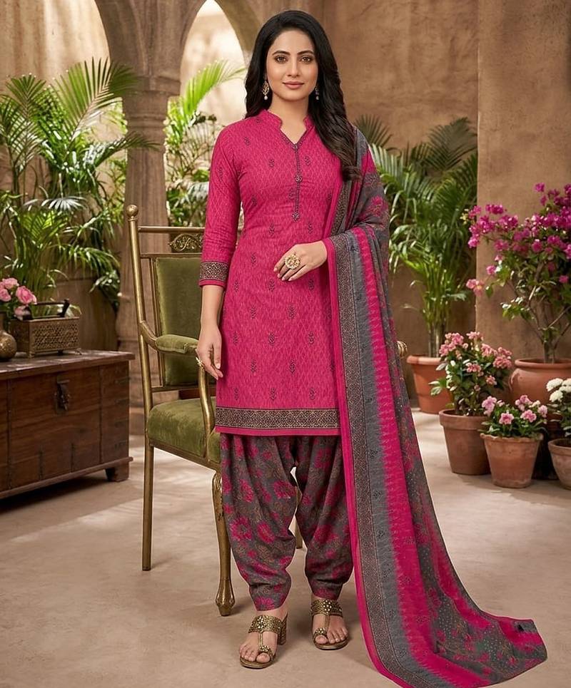 Pink printed cotton blend stitched floral print salwar kurta dupatta for women