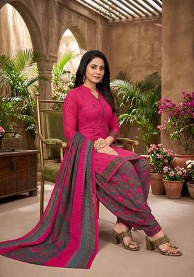 Pink printed cotton blend stitched floral print salwar kurta dupatta for women 3