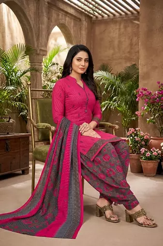 Pink printed cotton blend stitched floral print salwar kurta dupatta for women