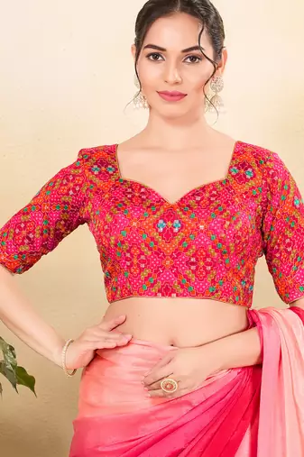 Women's jain silk padded back open elbow sleeves saree blouse