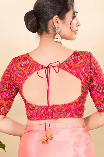 Women's jain silk padded back open elbow sleeves saree blouse