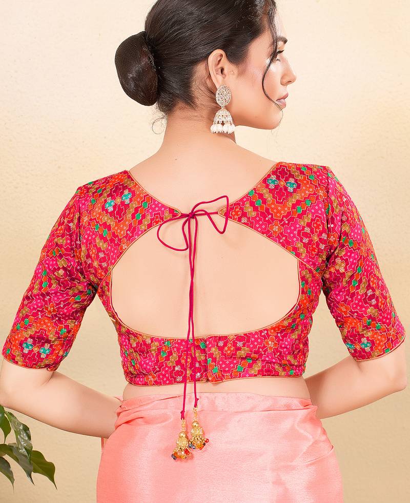 Women's jain silk padded back open elbow sleeves saree blouse