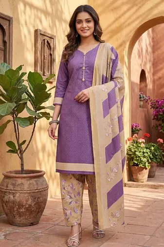 Purple printed cotton blend stitched geometric print salwar kurta dupatta for women