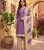 Purple printed cotton blend stitched geometric print salwar kurta dupatta for women