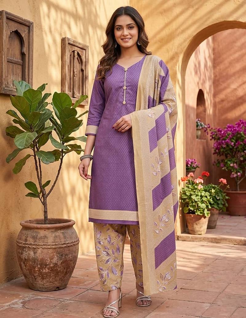 Purple printed cotton blend stitched geometric print salwar kurta dupatta for women