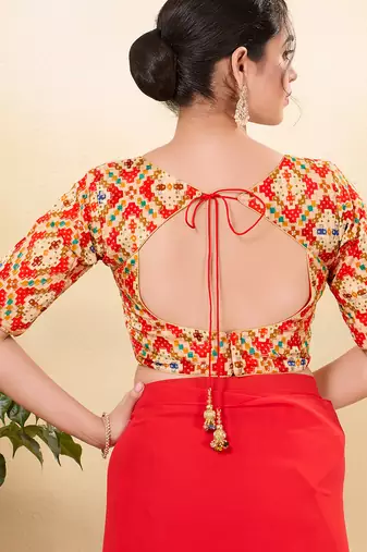Women's jain silk padded back open elbow sleeves saree blouse