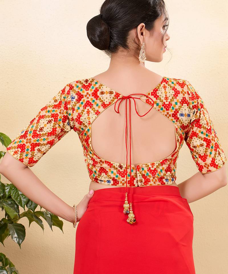 Women's jain silk padded back open elbow sleeves saree blouse