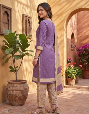 Purple printed cotton blend stitched geometric print salwar kurta dupatta for women 2